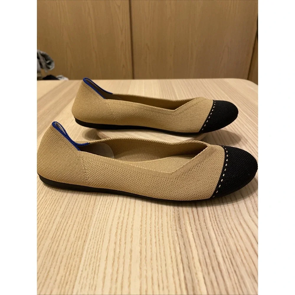 Rothy's The Flat Womens Size 8 Camel Black Cap Toe Ballet Flats Knit Shoes